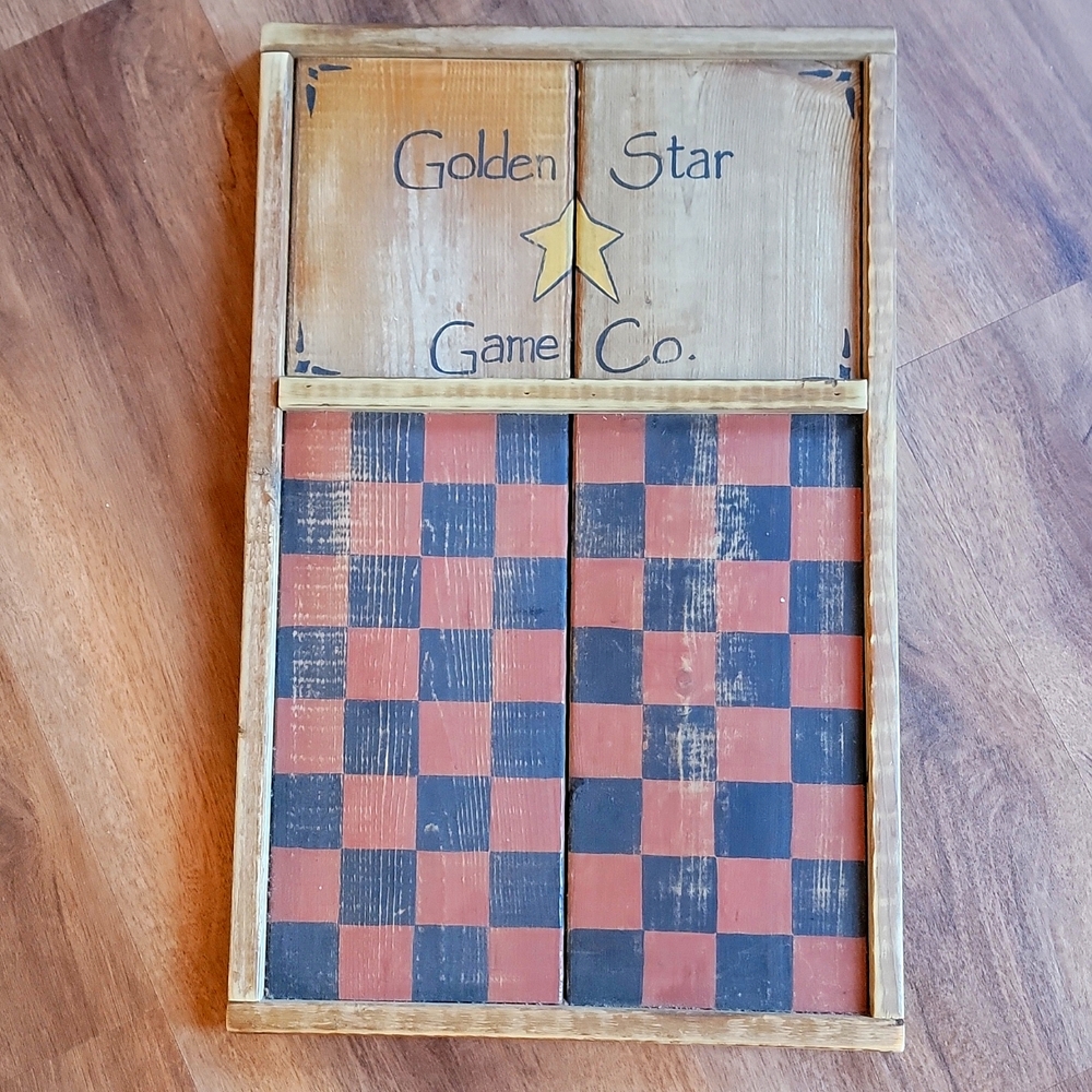 Folk Art Checkerboard Game Wall Hanging Art Golden Star ⭐️ Wooden Handma…